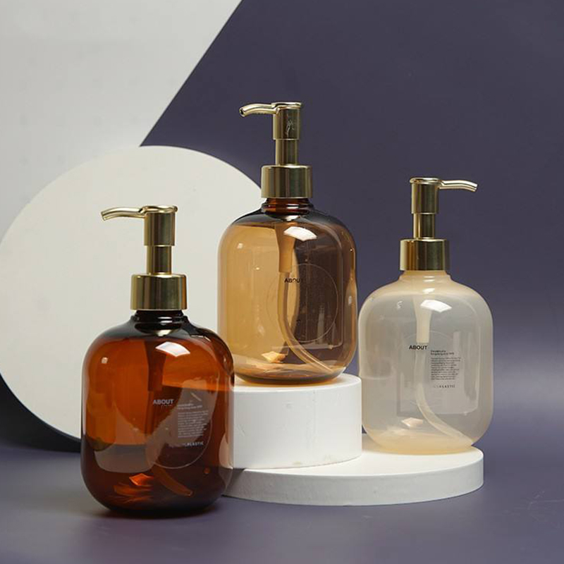 300 ml 500 ml PET plastový jantárový guľatý prázdny kondicionér fľaša na telové mlieko Zlatá fľaša na šampón s pumpičkou PET