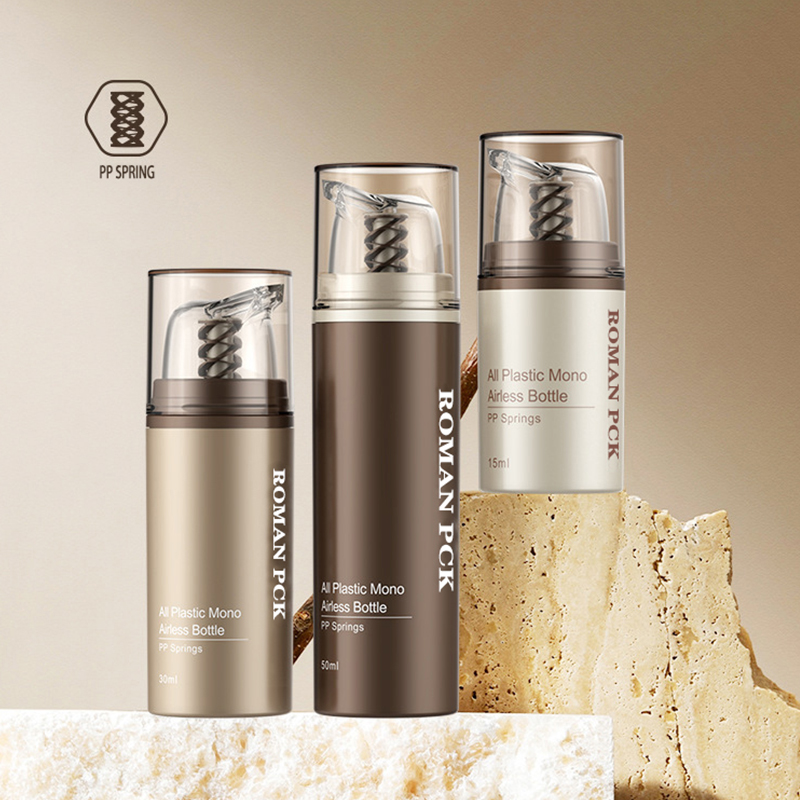 Hnedá plastová bezvzduchová kozmetická priehľadná fľaštička s pumpičkou dávkovač na mejkap Nádobka na krémové gélové mlieko