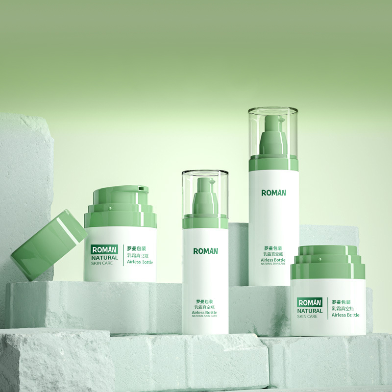 Plastové kozmetické balenie Fľaša na krém na tvár 30 ml 50 ml 80 ml Zelená sada fliaš s pumpičkou Airless s galvanickým pokovovaním pre fľašu séra proti starnutiu