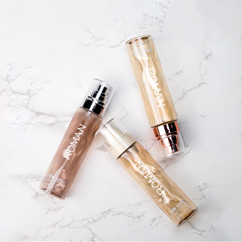 Číre okrúhle kozmetické plastové fľaštičky s tonerom v spreji prázdne 100 ml 120 ml základové telové mlieko so zlatou striebornou fľašou sérovej pumpy Číre okrúhle kozmetické plastové fľaštičky s tonerom v spreji prázdne 100 ml 120 ml základové telové mlieko so zlatou striebornou fľašou sérovej pumpy