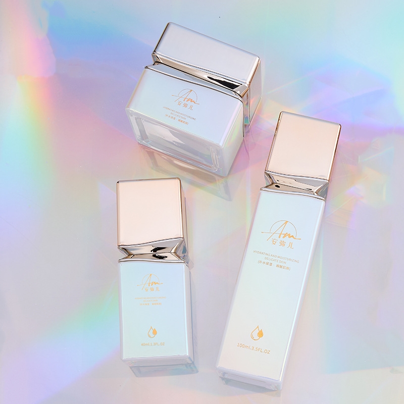 Štvorcová sklenená nádoba na krém s dúhovým efektom na krém na tvár a očný krém Štvorcová sklenená nádoba na krém s dúhovým efektom na krém na tvár a očný krém