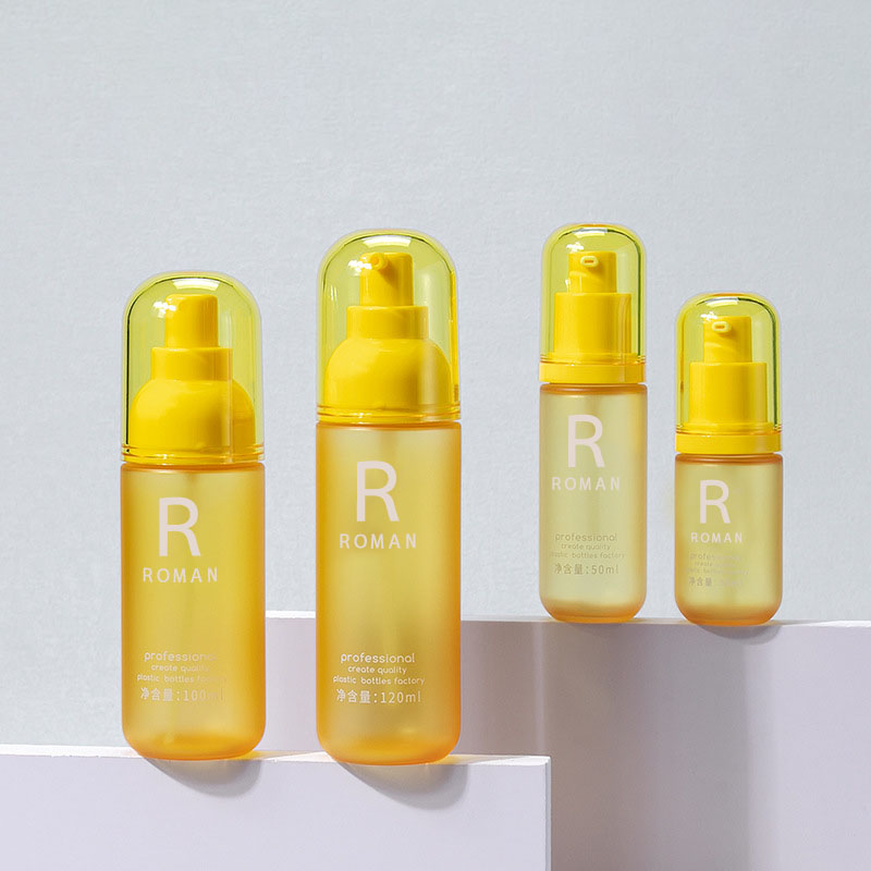 30 ml 50 ml 100 ml 120 ml Pet Yellow Fľaša na odstraňovanie make-upu Fľaša na umývanie tváre s okrúhlym lisom na telový krém 3,5 oz plastová fľaša na mlieko
