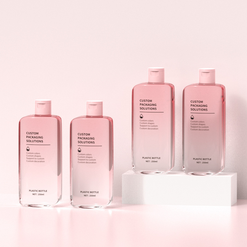 250 ml fľaša s plochým hydratačným masážnym krémom na čistenie tváre nádoba na telové mlieko so sprchovacím gélom a šampónom na opaľovací krém
